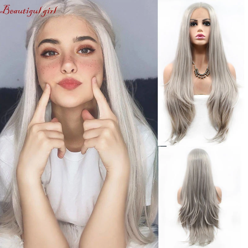 Pelucas largas, naturales, rectas, de Color gris, atadas a mano, con encaje frontal, sin pegamento, resistentes al calor, pelucas para mujeres blancas|Pelucas sintéticas de encaje| - AliExpress