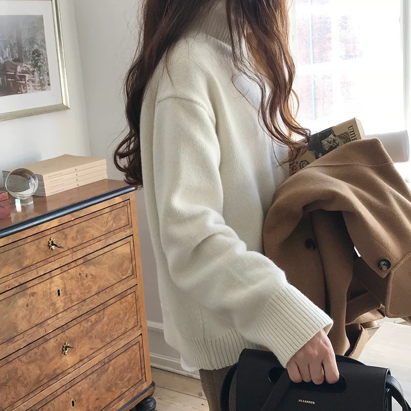 Женский осенне-зимний кашемировый свитер-водолазка с длинным рукавом, вязаный шерстяной пуловер, свободный однотонный мягкий джемпер