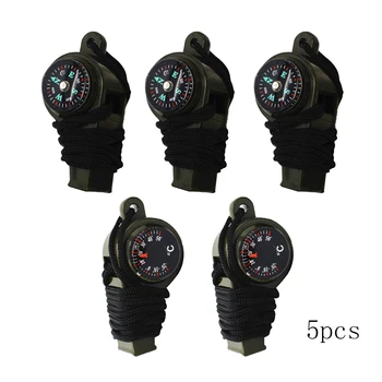 

5pcs Outdoor Whistle with Compass Thermometer Neck Rope Camping Hiking Accessory Multi-Functional Survival Tools