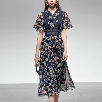 

Seifrmann Summer Women Fashion Designer A-line Dress Sexy V-Neck Lace Embroidery Floral Print Bodycon Fit Female A-line Dresses