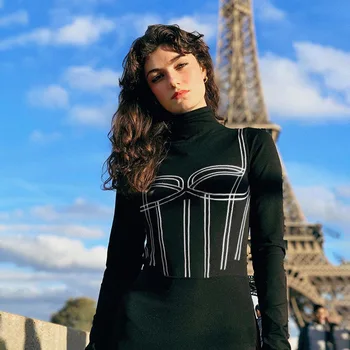 

Sexy Women High Street Long Sleeve High Turtleneck Personalized Printing Jumpsuit Slim Leotard Bodysuit