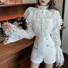 Винтажный Дворцовый стиль, кружевная блузка со стоячим воротником и рюшами, женские длинные расклешенные рукава, Прозрачные топы, прозрачная белая рубашка