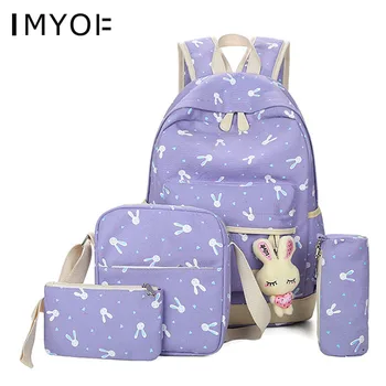 

New fashion Cartoon Rabbit Printing School bag backpack 4Pcs/Sets Canvas Schoolbags for Teenage Cute Girls Bookbag Children