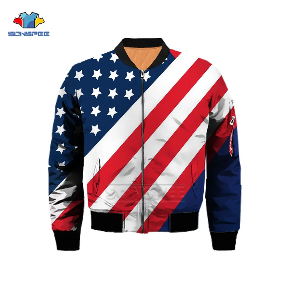 2022 Cool Casual Long Sleeve New Men USA National Flag Stripes and Stars Flight Jacket 3D Oversized European Flag Printed Coat