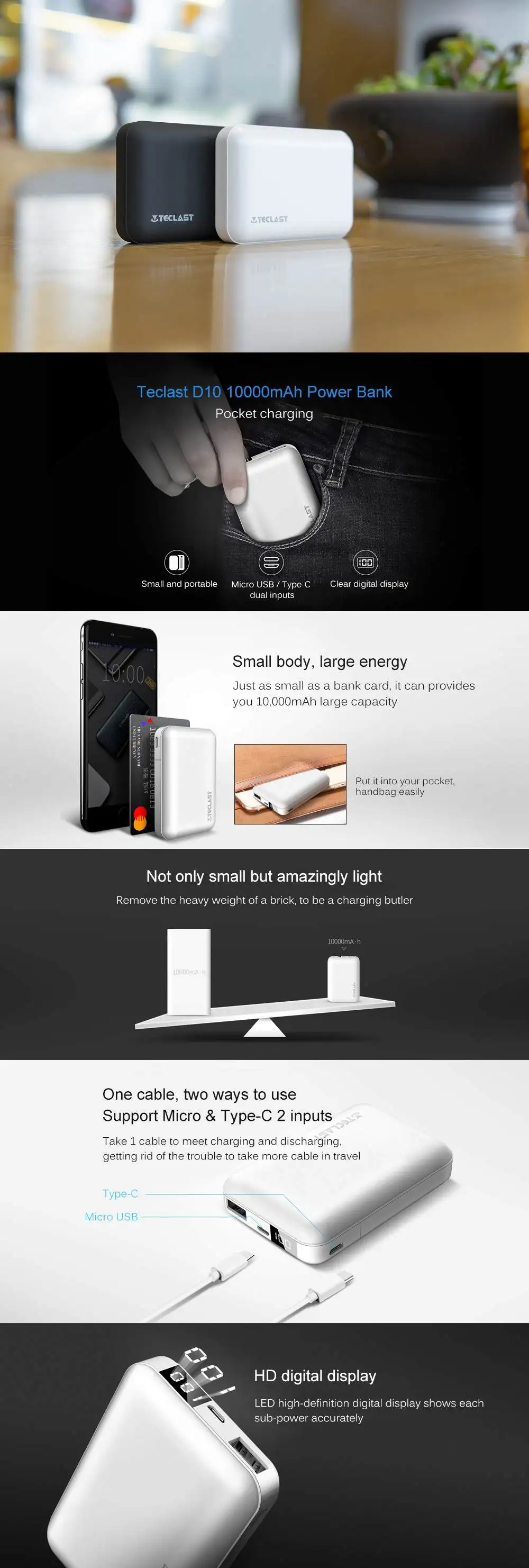 Teclast D10 power Bank 10000 мАч светодиодный цифровой дисплей 5 в 2.1A Быстрая зарядка выход для iPhone 8 X XS Oneplus 7 Xiaomi 9 huawei P30