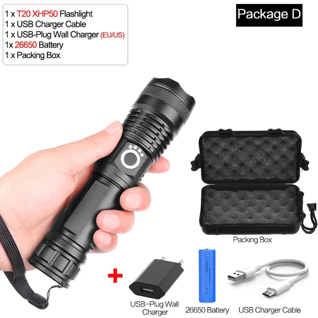 Package D 95000 люмен XLamp 3* XHP50 самый мощный светодиодный фонарик usb Zoom факел xhp70.2 xhp50 аккумуляторная батарея 18650 или 26650 Охота - Испускаемый цвет: Package D