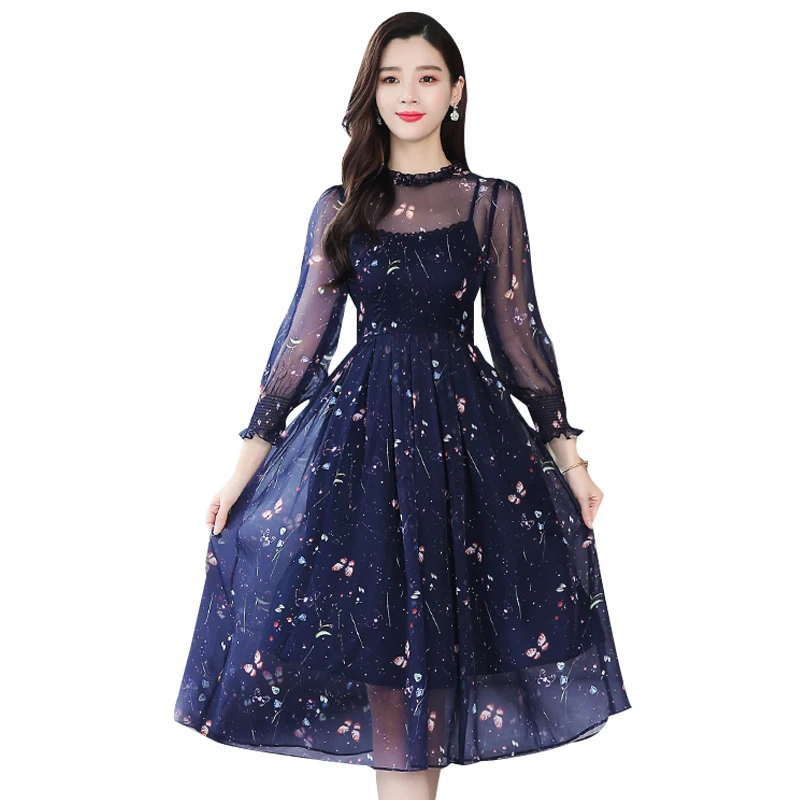 

2020 Spring Office Lady Floral Print dress Women blue Mesh Hollow Out Chiffon Dresses Slim O-Neck A-line Midi Dress tb143
