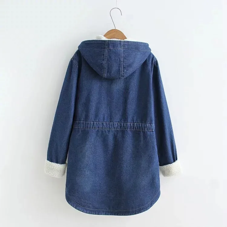 

Japanese-style WOMEN'S Dress Solid Color Retro Thick Berber Fleece Hooded Mid-length Cowboy Cotton Coat Women's C7460