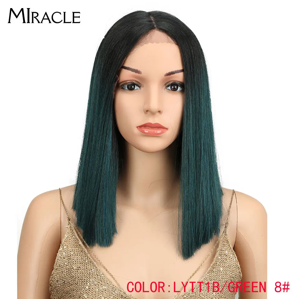 Чудо Омбре волос Плотность Боб парик коричневый блонд средняя часть прямые короткие синтетические кружева спереди Pixie Cut парик для черных женщин - Цвет: LYTT1BGREEN-8