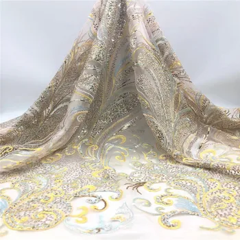 

Latest African Lace Fabric Sequins with bead 2020 High Quality French Tulle Net Lace Fabric Nigerian Sequins For Wedding jh20-3