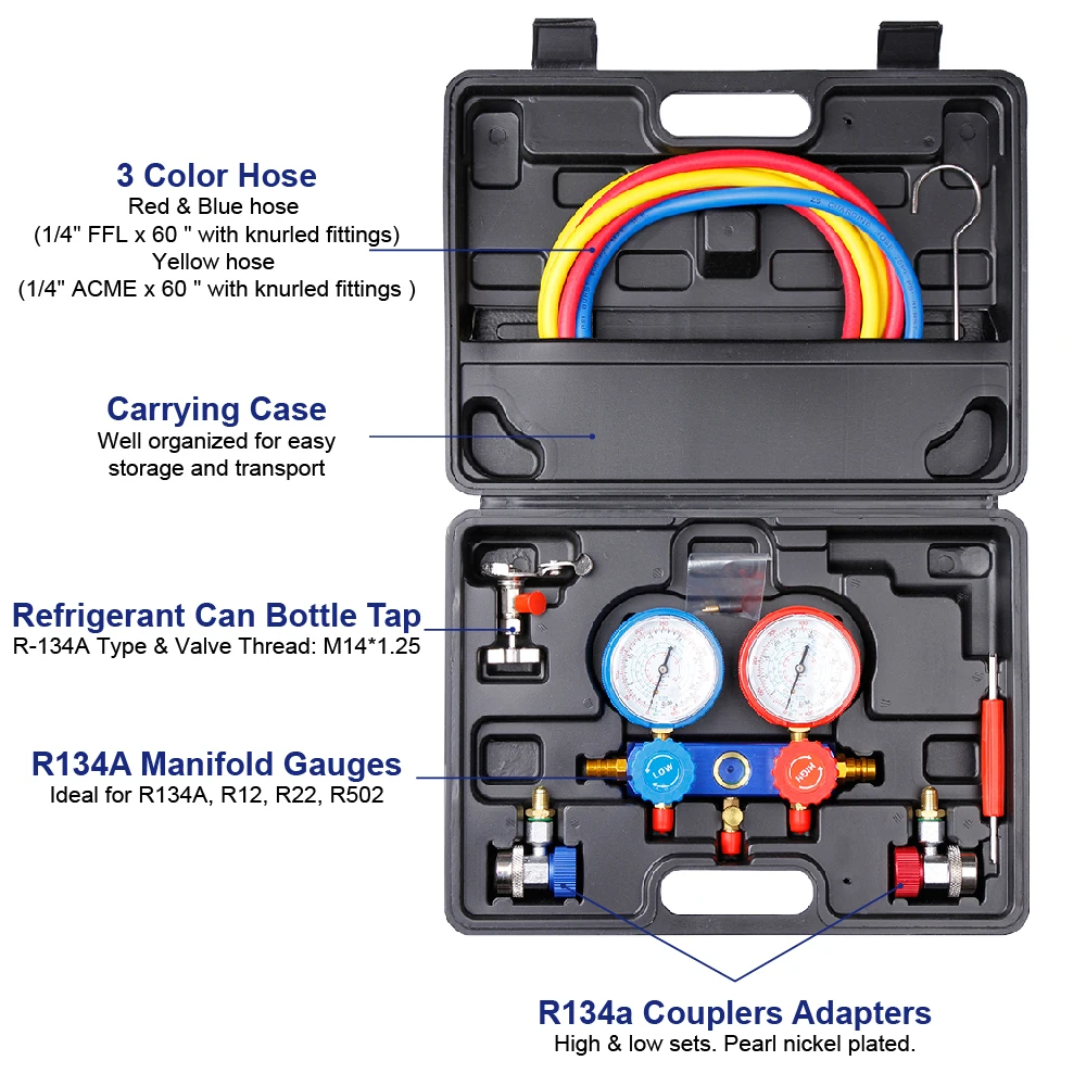 AC R134A HVAC R410A Manifold Gauge Set Schlauch Kit 410A 134A R404A R22  Diagnose Manifold Gauge 5FT Schlauch Tank Adapter einstellbar - AliExpress