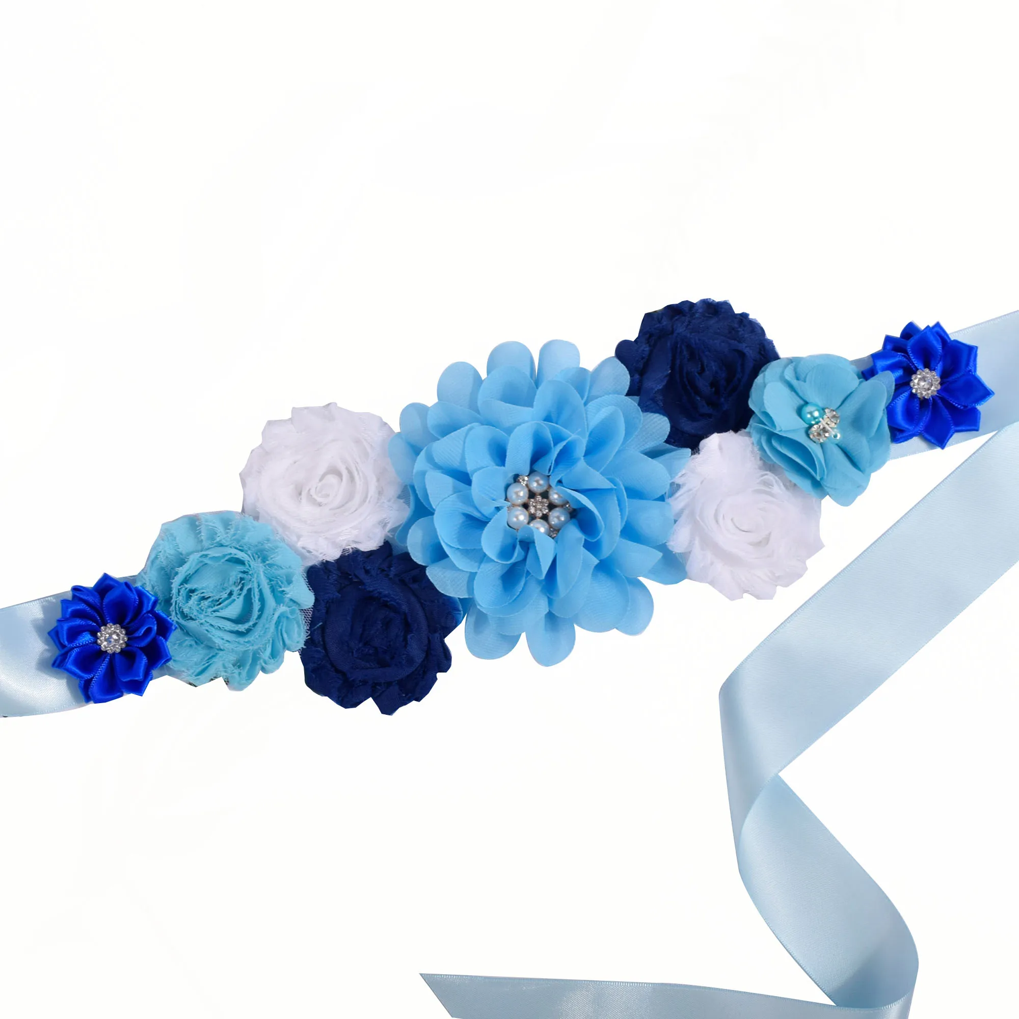 Purtulle Maternity Sash Women Blue Flower Sash Pregnancy Belly Belt Bridal Ribbon Cummerbunds Wedding Dress Waist Belt