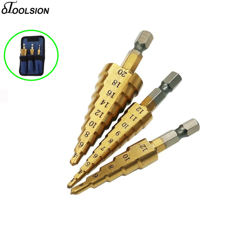 

3pcs/lot Hss Steel Step Cone Triangular Handle Coated Metal Drill Bit Cut Tool Set Hole Cutter 3-12/ 4-12/20mm Step Drill Set
