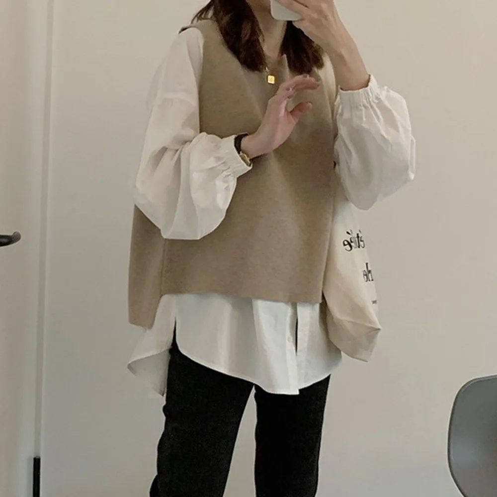 

Sweater For Women 2020 Ladies Pullover College Style Fashion Simple Fake Two Pieces Pure Color Wild New