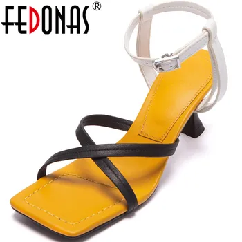 

FEDONAS Lace Up Genuine Leather Women's Sandals Fashion Elegant Buckle Thick Heels Pumps Summer Newest Party Working Shoes Woman