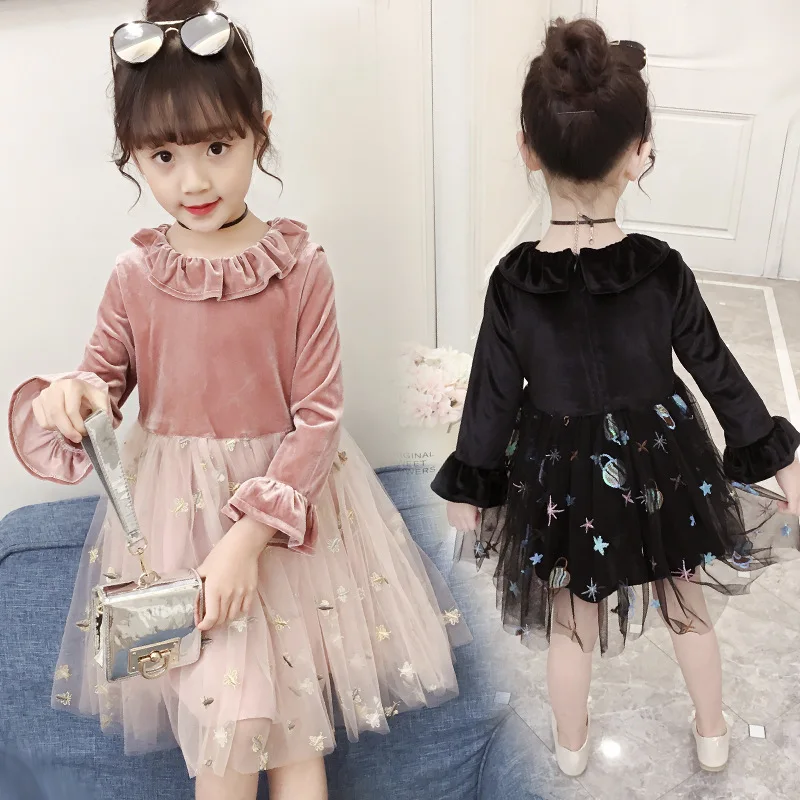 

2019 New Style Girls Fashion Mesh Dress Spring And Autumn Korean-style Long Sleeve Skirt Gold Velvet Princess Skirt