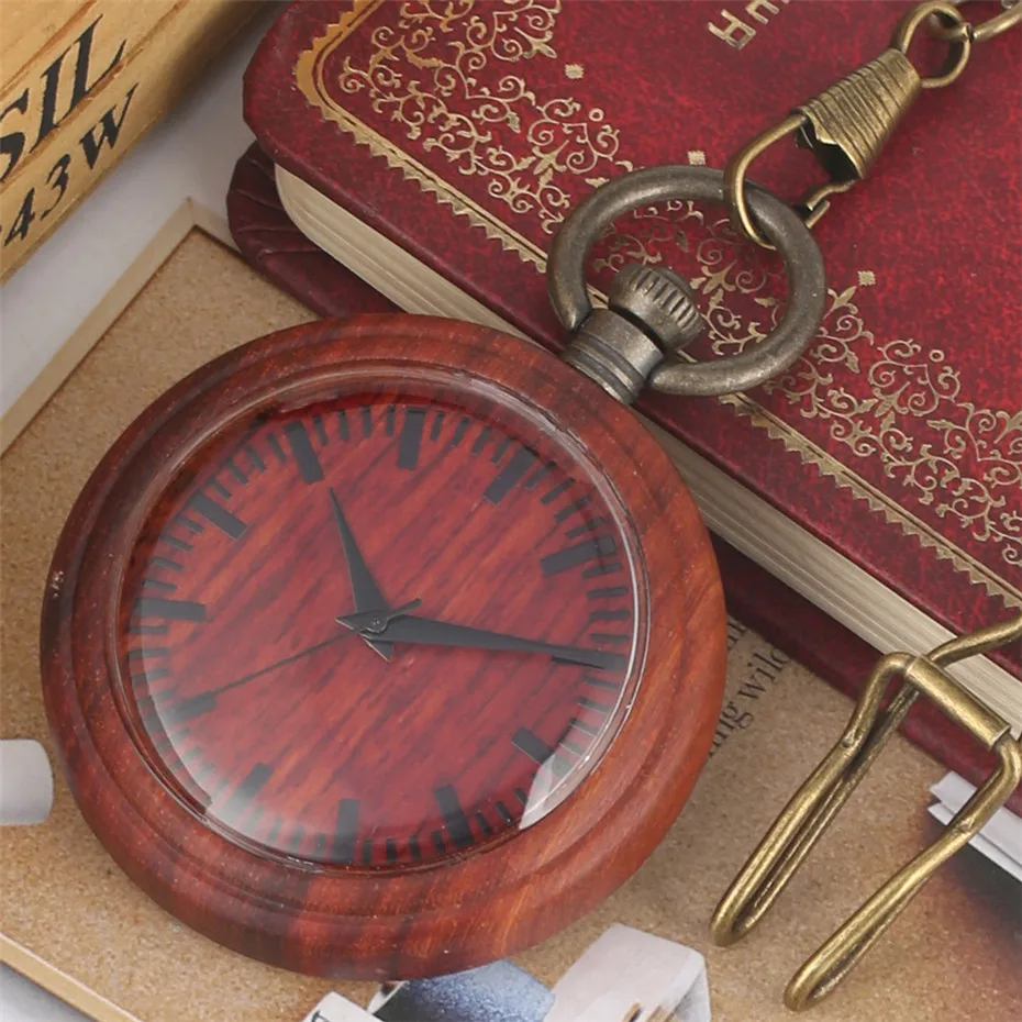 Роскошные красные деревянные часы кварцевые часы карманные часы на цепочке античные крутые Подвесные часы Подарки для мужчин и женщин с
