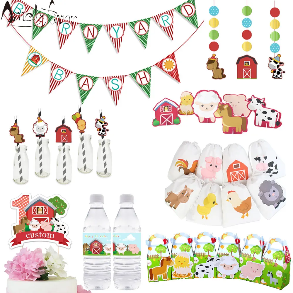

Farm Animals Theme Party Supplies Box Invitation Ceiling Hanging Straws Bags Cake Topper Bottle Label Banner Party Decoration
