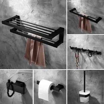 

Nordic Space Aluminum Wall Mounted Bathroom Accessories Black Shower Corner Shelf Vanity Set Towel Holder Hardware Bathroom
