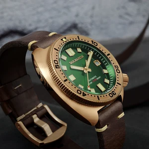 Image 3 - Мужские механические часы San Martin с подсветкой из бронзы, светящиеся водонепроницаемые часы с кожаным ремешком 200 м, стильные часы
