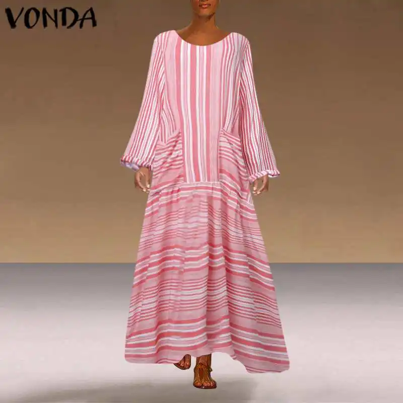 

VONDA Autumn O Neck Striped Printed Maxi Dress 2020 Summer Long Sleeve Maternity Robe Femme Beach Sundress 5XL Party Vestidos