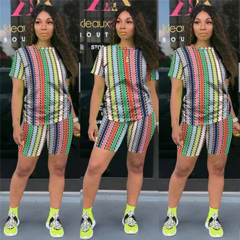 

Women 2 Pcs Set Tie-dye Printed Summer Clothes O-Neck Short Sleeve Top + Bicker Shorts Stripe Outfits Casual Suits Streetwear