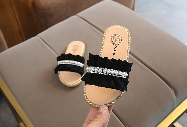 Childrens Shoes Kids Sandals For Toddlers Girls Princess Sweet Soft Pearl Beaded With Rhinestone Girls Slippers Slides 21-30