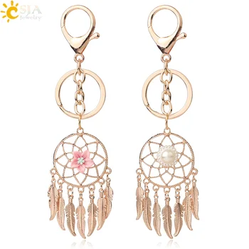 

CSJA Rose Gold Color Metal Dream Catcher Keychains Flower Feather Tassel Keyring for Car Bag Wall Hanging Decor Wind Chimes G492