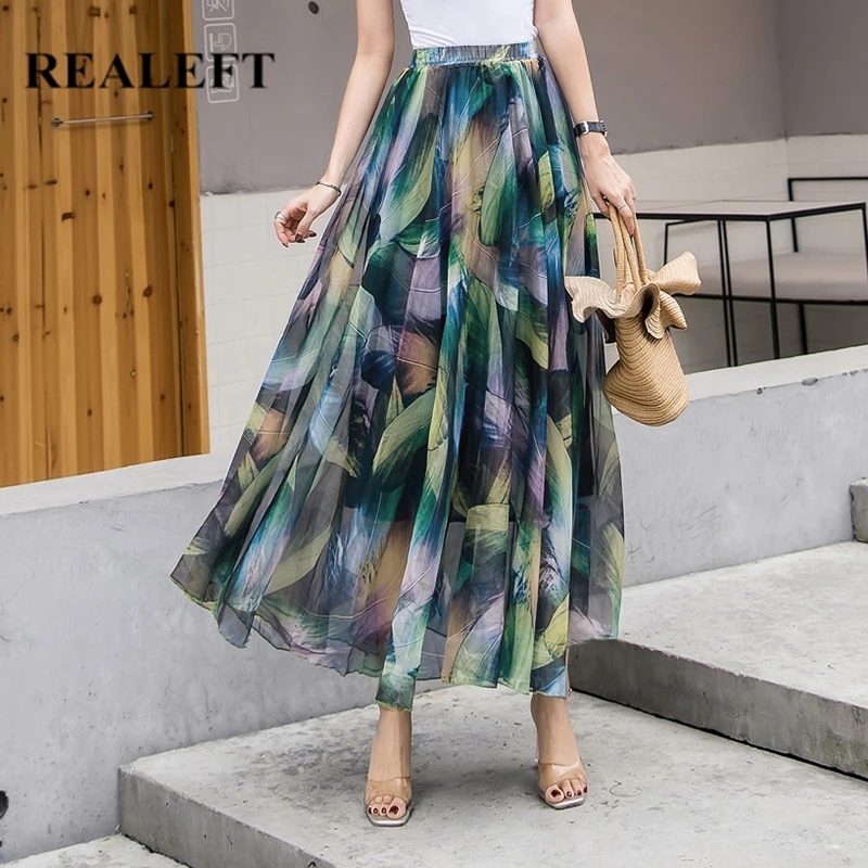 REALEFT-faldas largas Bohemias de gasa para mujer, largas holgadas de cintura alta con Floral para playa, 2021 - AliExpress Ropa mujer