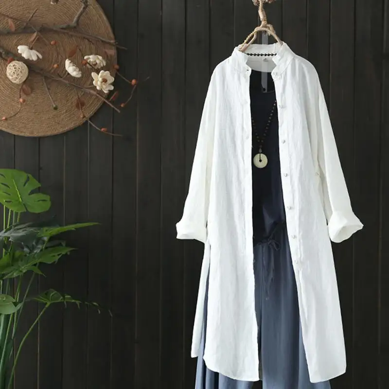 Женская льняная блузка ZANZEA кафтан с длинным рукавом рубашки на пуговицах длинные блузы кардиган с разделом отворотом Топы Плюс Размер Туника 5XL - Цвет: Off White