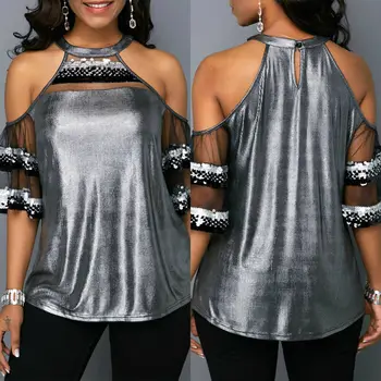 

Fashion Summer Women Mesh Sequins Blouse Shirts Tops Hollow Out Off Shoulder Lace Sheer Mesh Shirts Short Sleeve Blouse Clothes
