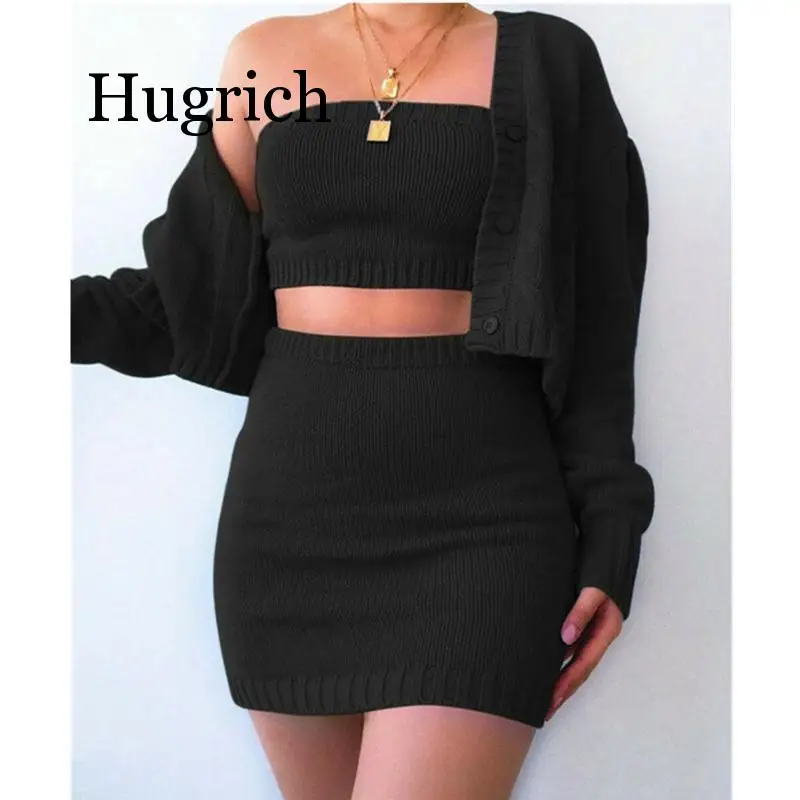 

3PCS Women Long Sleeve Solid Color Knitted Slim Strapless Tube Top+Long Sleeve Cardigan Coat+High Waist Mini Skirts Outfit Sets