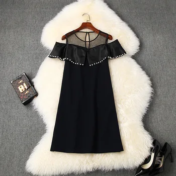 

Women little black dress summer 2020 pearls beading ruffles cut out cold shoulder sexy mini shift dresses