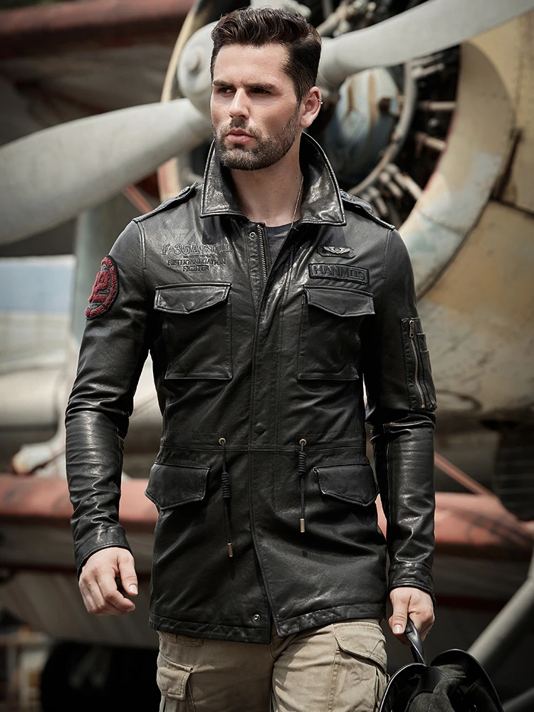 Chaquetas largas cuero auténtico hombre, abrigos aviador para piloto de motocicleta, exteriores, Invierno|Abrigos de cuero genuino| - AliExpress
