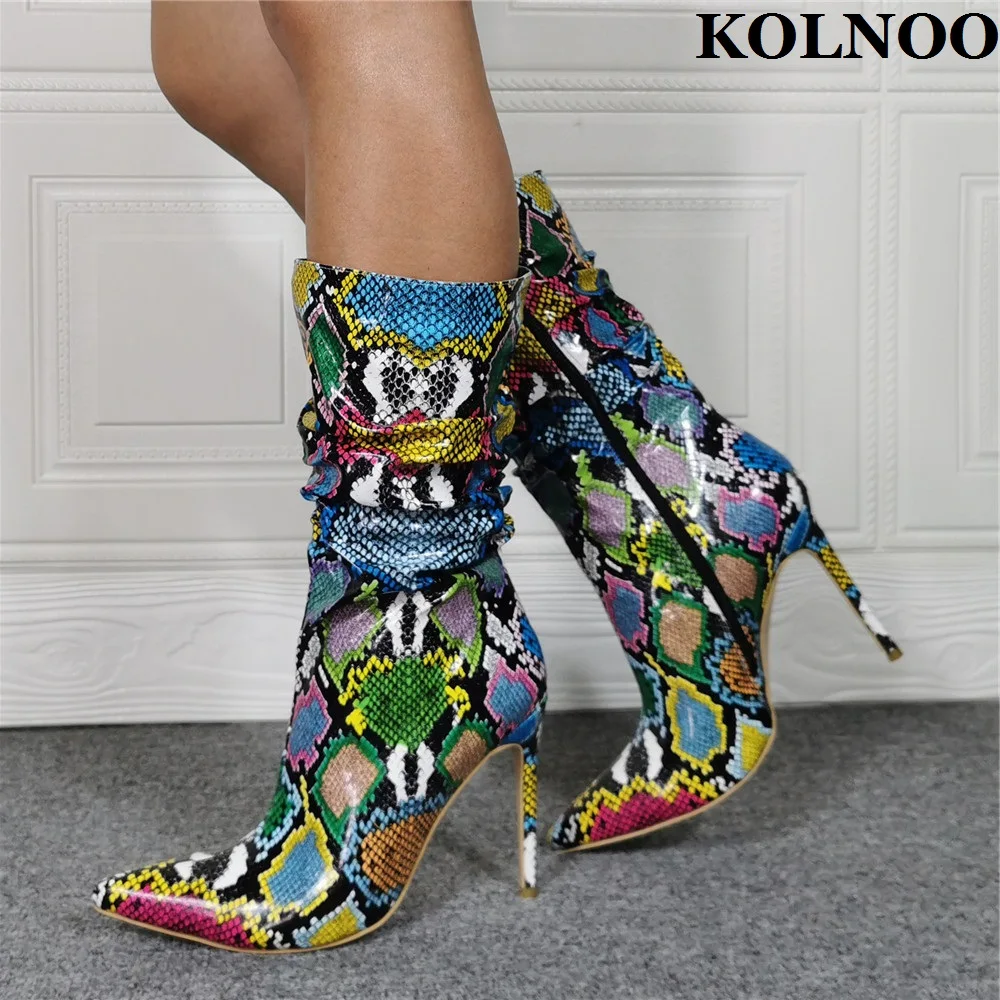 

Kolnoo New Style Handmade Ladies High Heels Boot Multicolored Faux Snake Leather Pointy Sexy Dress Booties Evening Winter Shoes