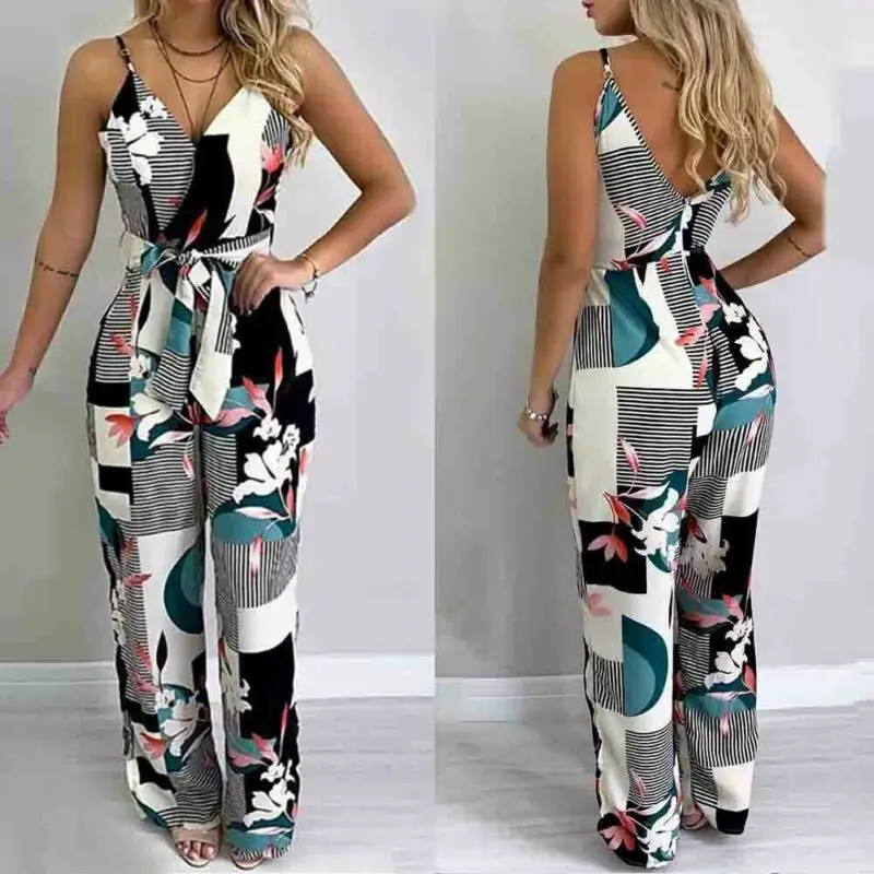 

Boho Sexy 2019 Summer Playsuit Women Sling Belted Floral Print Jumpsuit Plus Size XL Overalls Maxi Romper Beach Strappy Bodysuit