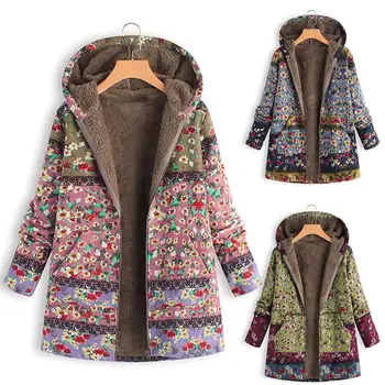 

Vintage Women Parka Coat Women Winter Parka Ethnic Floral Print Hooded Coat Pockets Thickened Coat Female Jacket Outwear
