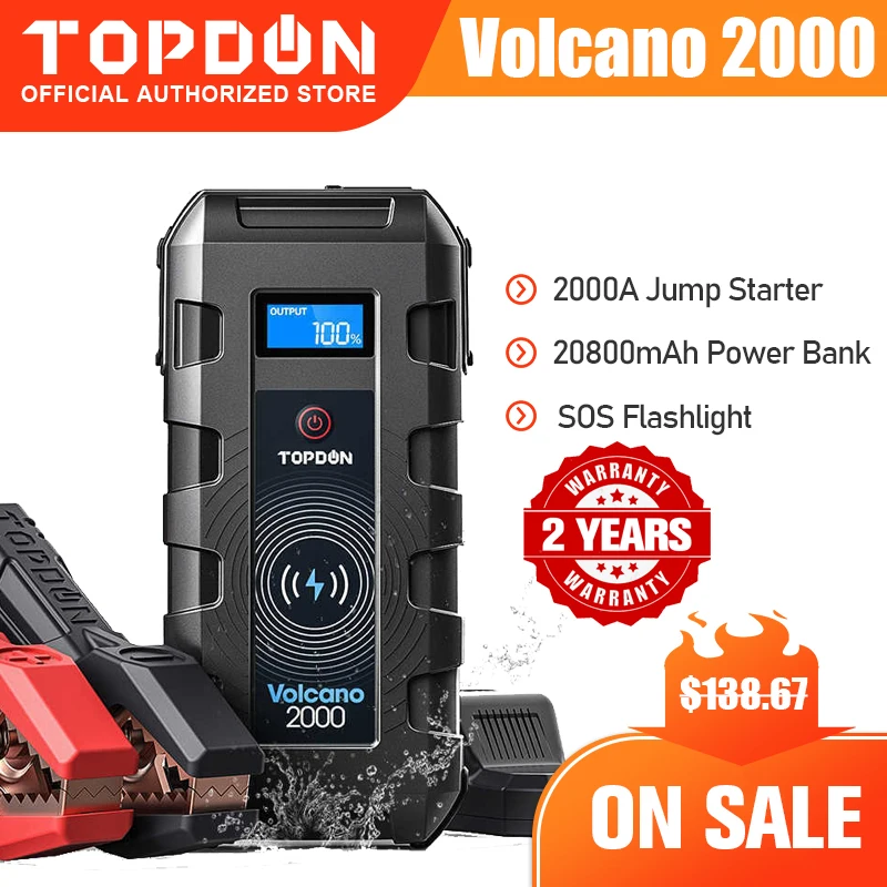 TOPDON V2000 Car Jump Starte 20800mAh 12V 2000A Peak Portable Emergency Starter Wireless Charger Power Bank Booster Start Device