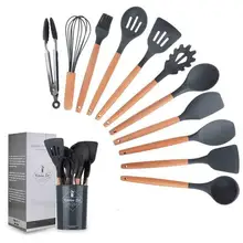 Силиконовая кухонная утварь набор бытовой термостойкая антипригарная лопатка лопата с деревянной ручкой набор кухонных инструментов