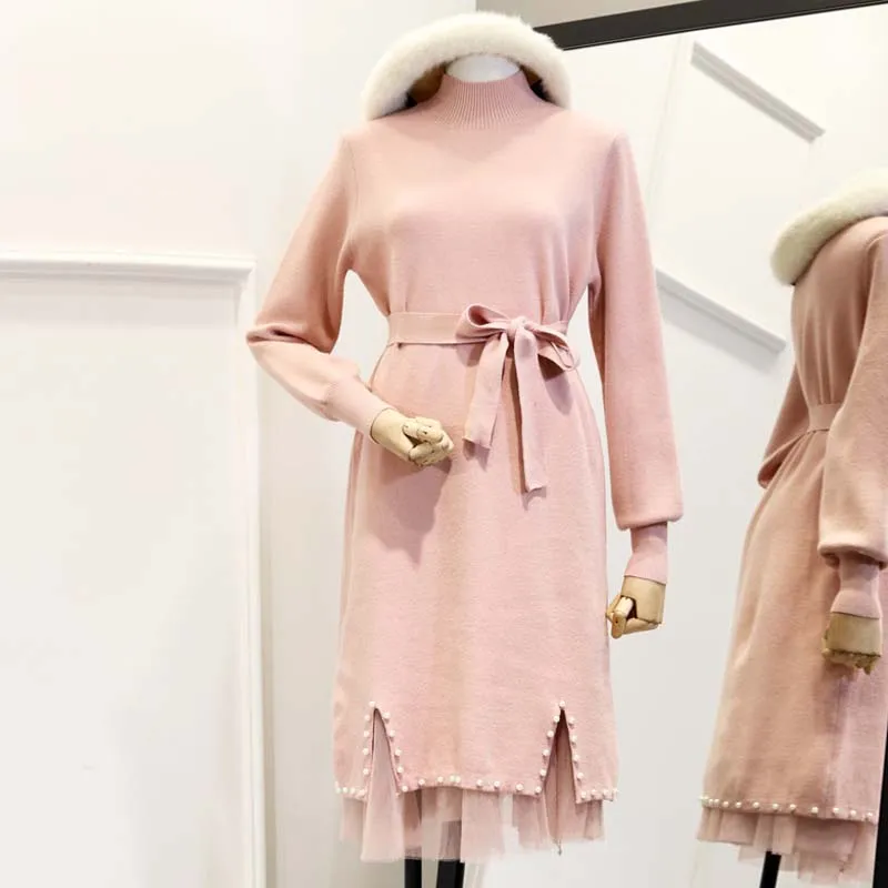 

Korean Women Turtleneck Fall Winter Dress Lantern Sleeve Elegant With Belt Knit Dress Casual Beading Mesh Knitted Midi Dress