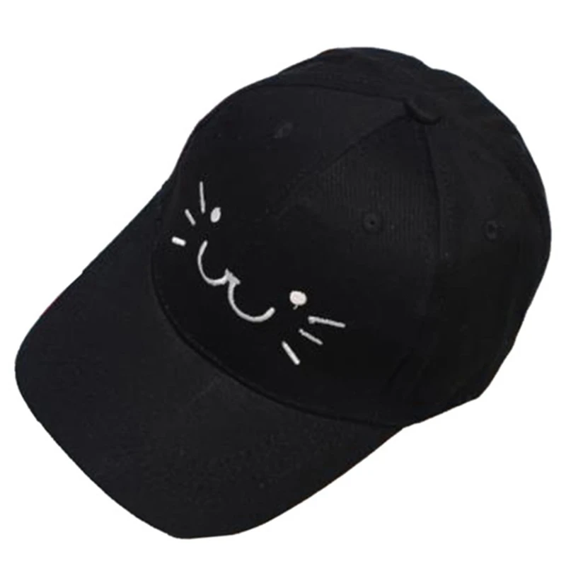Fashion Adjustable Embroidery Snapback Baseball Cap Cute Cartoon Cat Face Hip Hop Flat Hat Casual Cap For Boy Girls - Цвет: Black