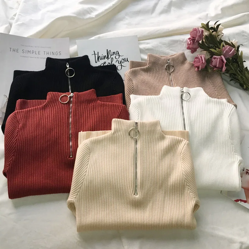Women Sweater Pullover Female Sweater O-neck Knitted Slim Pullovers Sweater Tide Zipper Women Sweater New Autumn Winter