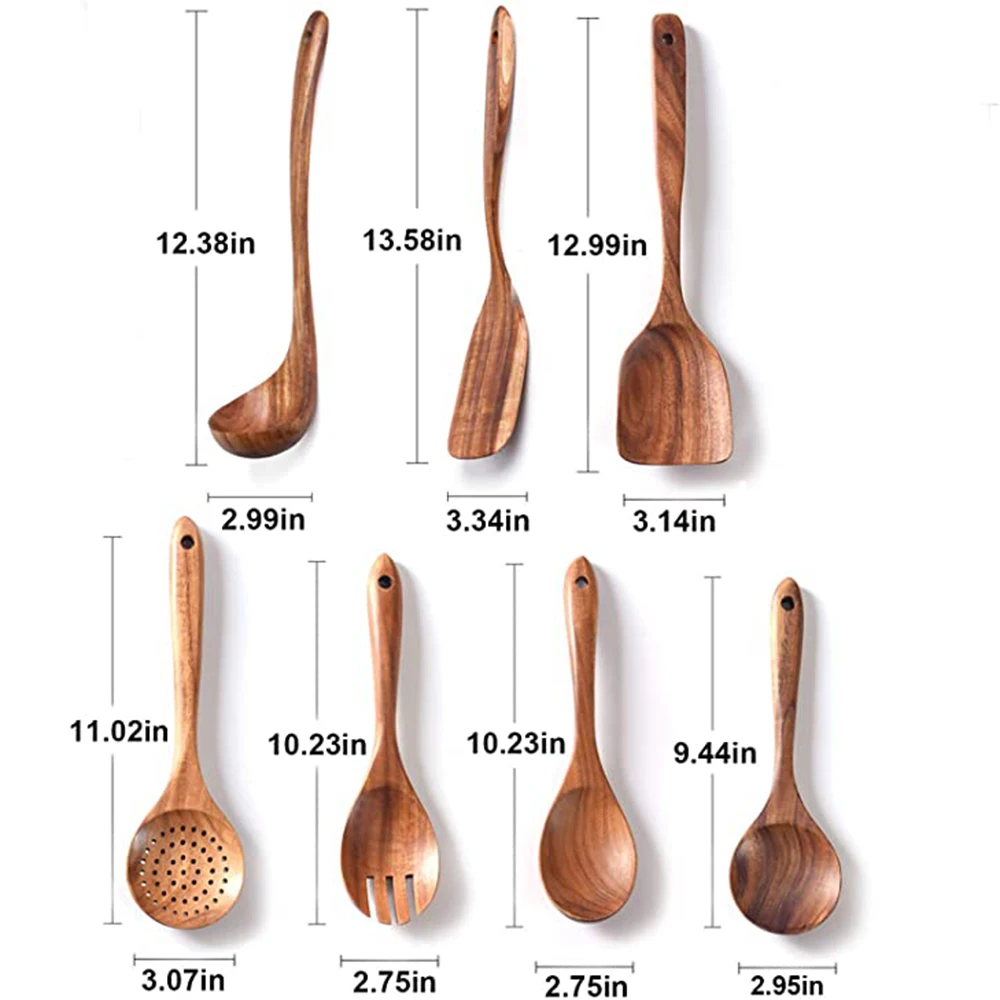 Wooden Kitchen Utensils set, Wooden Spoons for cooking Natural Teak Wood Non Stick Pots Kitchen Spatula Set for Cooking Gift