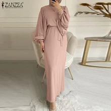 

ZANZEA Autumn Muslim Elegant O Neck Ankle Length Evening Robe Vintage Lace-up Maxi Solid Women Full Sleeve Elegant Casual Dress