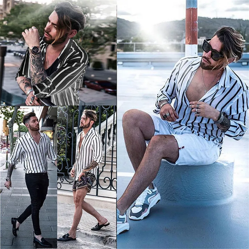 Fashion Men Shirts Slim Fit V Neck Top Long Sleeve Muscle Shirt Casual Tops Fashion Striped 4