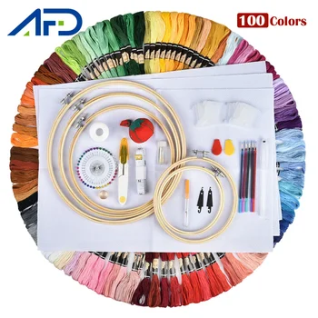 

100 Color Embroidery Threads Circles Cloth Embroidery Set DIY Sewing Cross Stitch Tools Starter Kit for Adults Kids Beginners