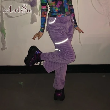 

ArtSu Corduroy Pants Reflective Women High Waist Trousers Purple Loose Casual Pants Chain Sweatpants Streetwear ASPA20264