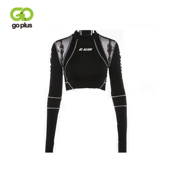 

GOPLUS Female T-shirt Women's Clothing Autumn New Style Foreign Trade Printed Net Yarn Perspective Sports Long-Sleeved T-Shirt