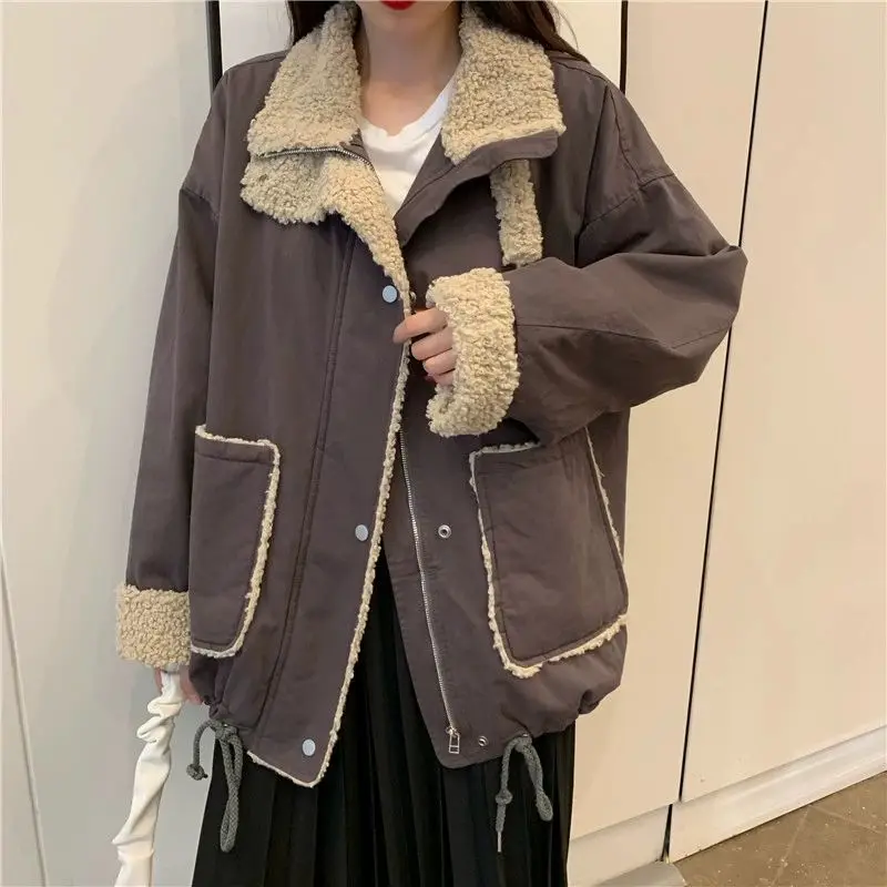 hooded puffer jacket Lamb Wool Padded Jackets Women Clothes Patchwork Plus Velvet Thick Autumn Winter New Korean Loose Harajuku Style Warm Jacket puffer coat with fur hood