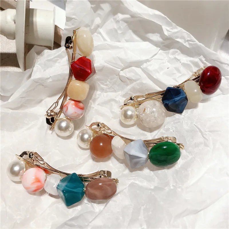 

SexeMara Korea Colorful Natural Stone Hairpins Irregular Resin Bead Imitiation Pearl Hair Clips Women Hair Accessories Hairgrip